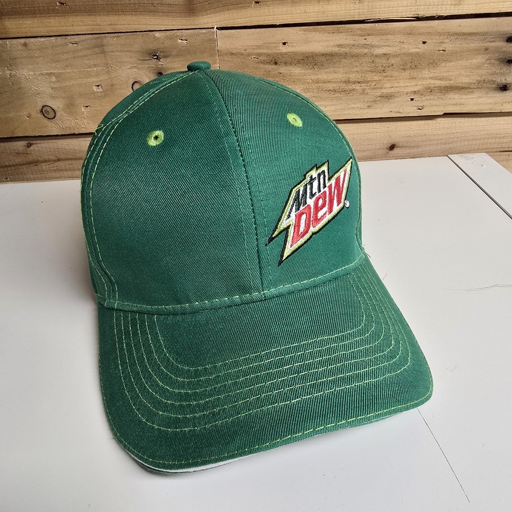 Mountain Dew Hat Cap Strap Back Green Embroidered Soda Advertising Mens Classic
